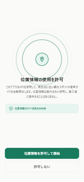 位置情報を許可する。
※GPSで利用するデータはサーバーには保存されずガイド目的のみ利用されます。